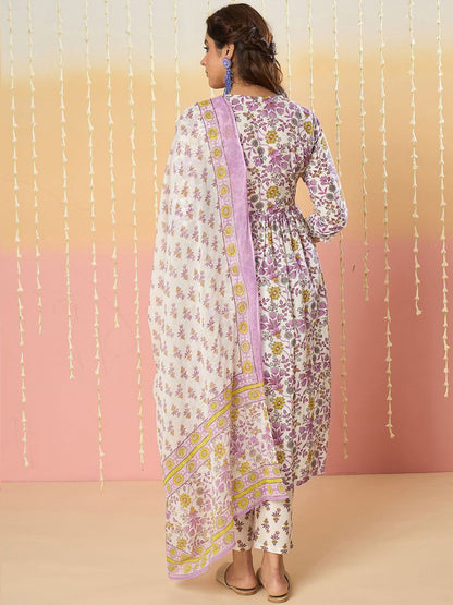 Dhiyona IE Floral Printed Key Hole Neck Pure Cotton Kurta With Trousers & Dupatta