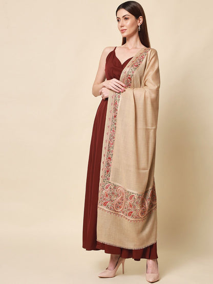 Dhiyona PA Women Beige Embroidered Pure Wool Shawl