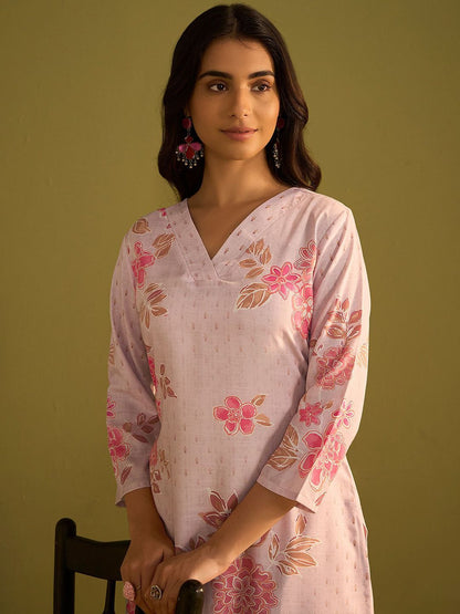 Dhiyona IE Floral Printed V-Neck Straight Kurta With Trousers
