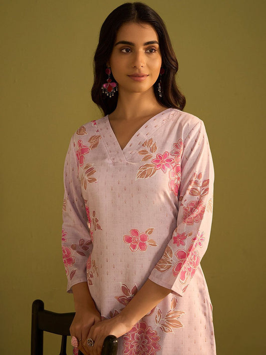 Dhiyona IE Floral Printed V-Neck Straight Kurta With Trousers