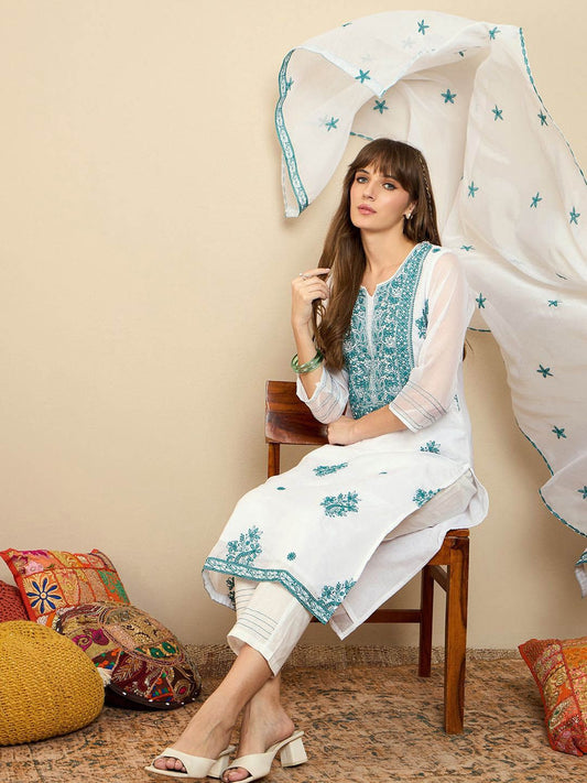 Dhiyona IE Floral Embroidered Thread Work Organza Straight Kurta With Trousers & Dupatta