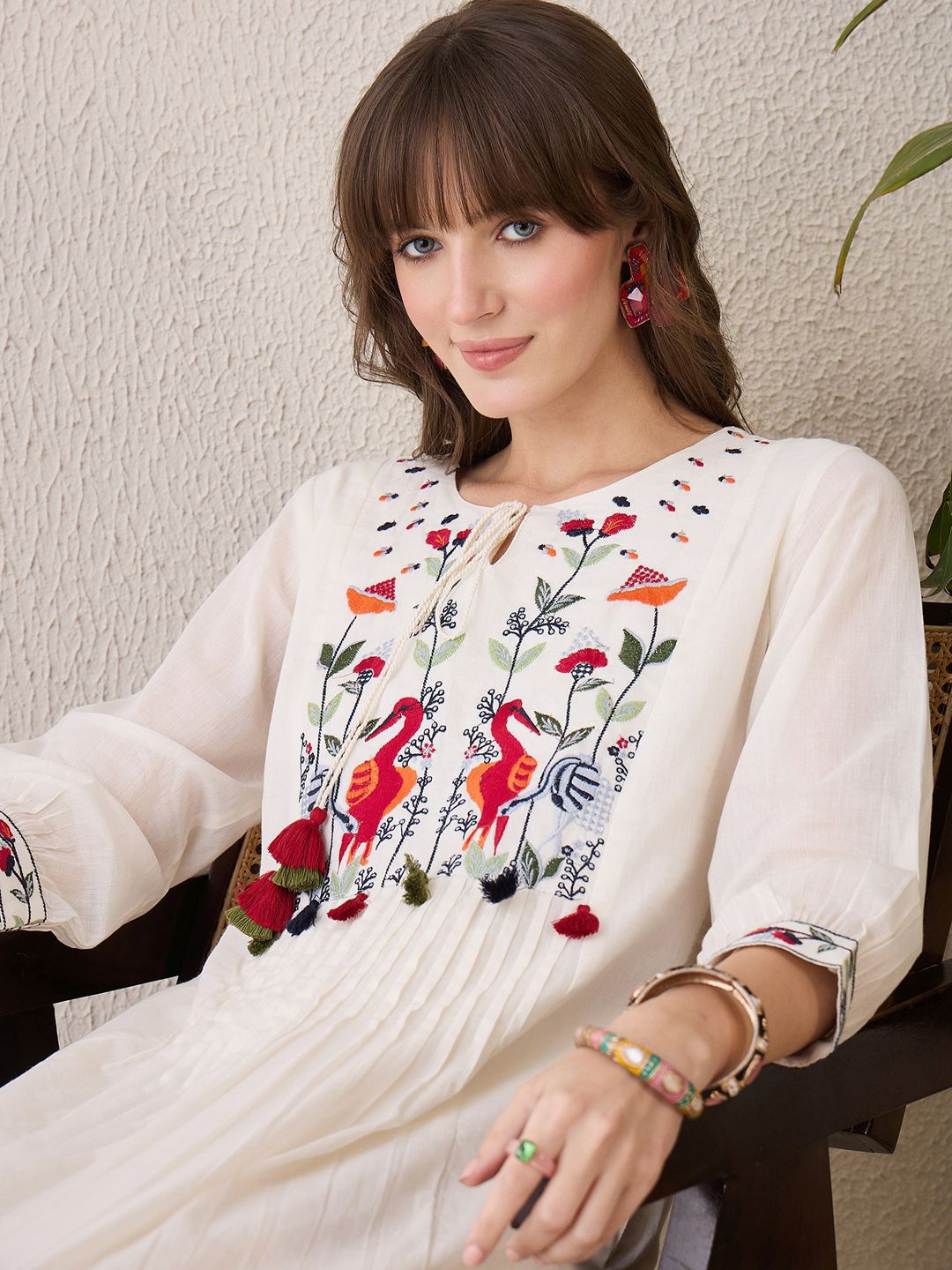 Dhiyona IE Floral Yoke Design Tie-Up Neck Thread Work Pure Cotton A-Line Kurta With Trouser