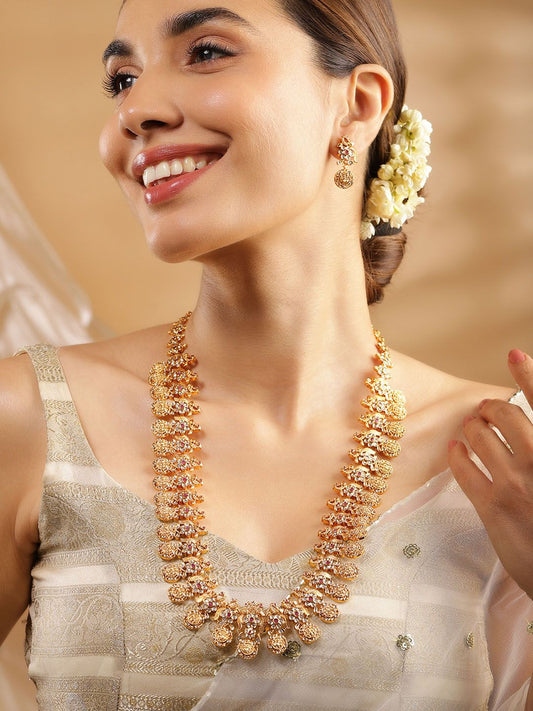 Dhiyona RJ Women's 22K Gold-Plated Long Temple Jewellery Set with Ruby Red & CZ Studded Coin Motifs