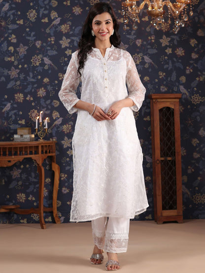 Dhiyona PD Women Ethnic Motif Embroidered Mandarin Collar Kurta With Palazzos & Slip