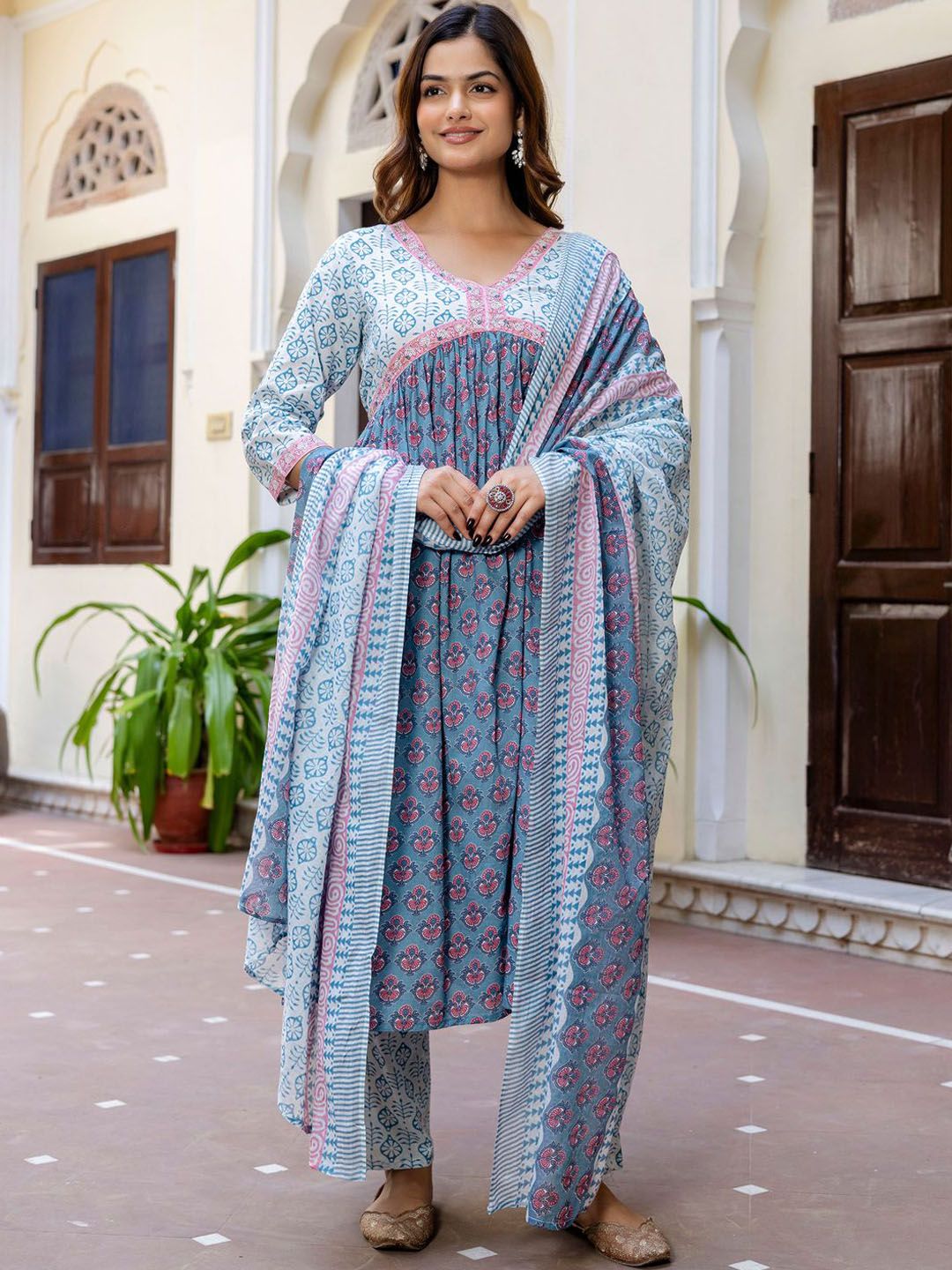 Floral Printed Empire Pure Cotton A-Line Kurta With Trousers & Dupatta
