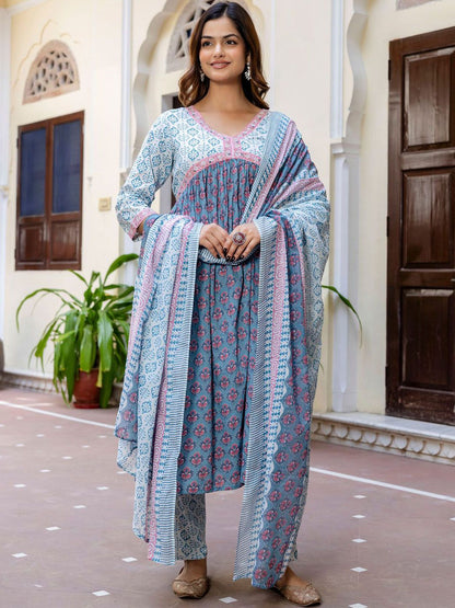 Floral Printed Empire Pure Cotton A-Line Kurta With Trousers & Dupatta