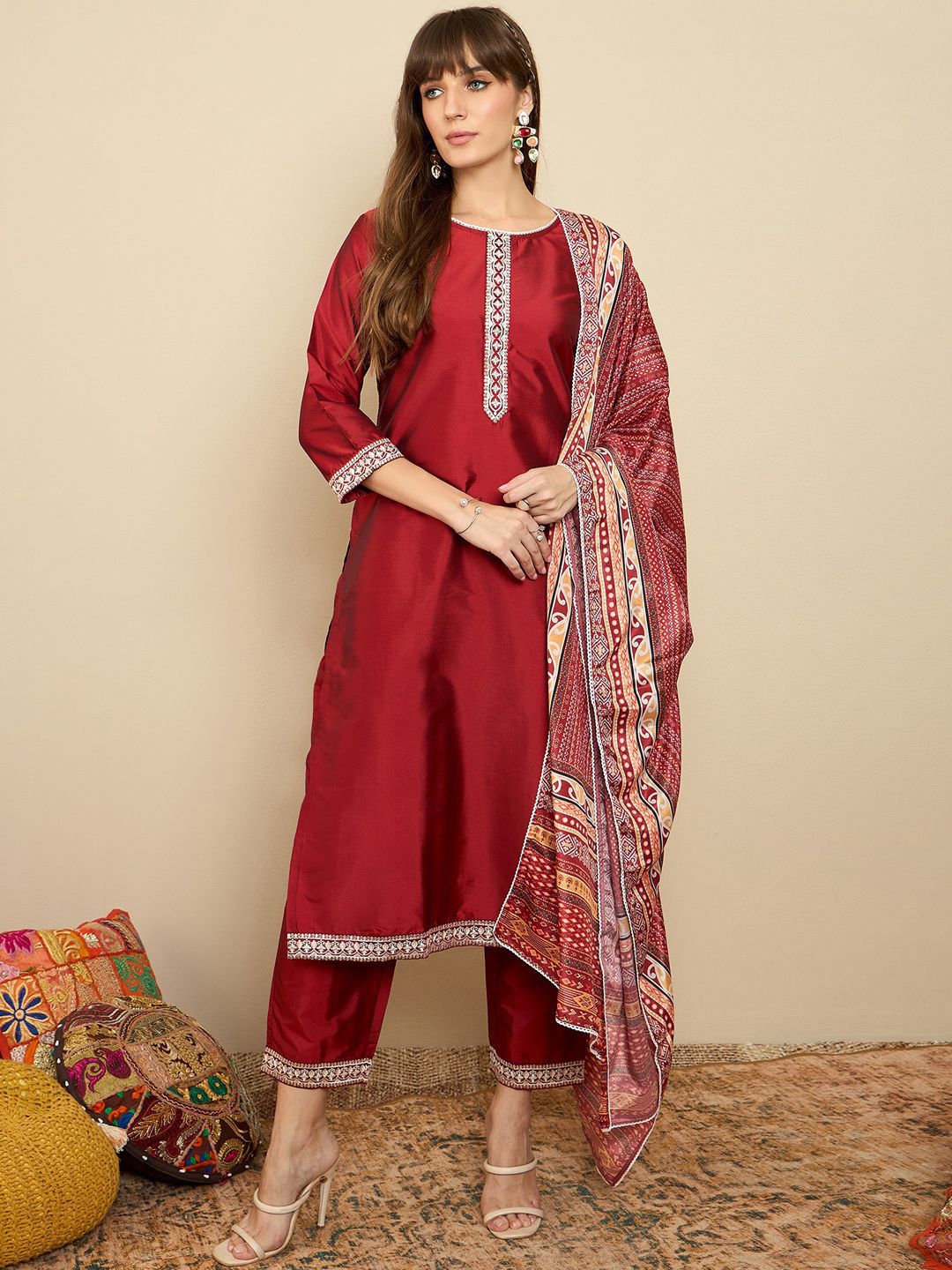 Dhiyona IE Straight Sequinned Kurta with Trousers & Dupatta