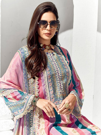 Dhiyona IE Women Ethnic Motifs Printed Regular Thread Work Kurta Trousers With Dupatta