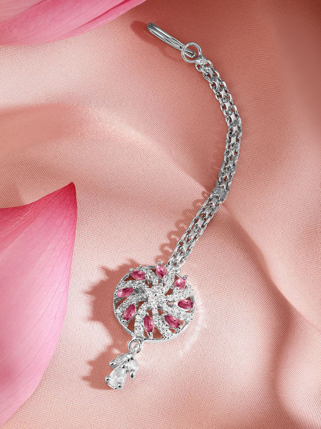 Dhiyona RJ Women's Rhodium-Plated Cubic Zirconia Studded Maang Tikka Head Jewellery