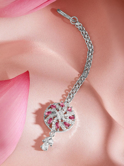 Dhiyona RJ Women's Rhodium-Plated Cubic Zirconia Studded Maang Tikka Head Jewellery