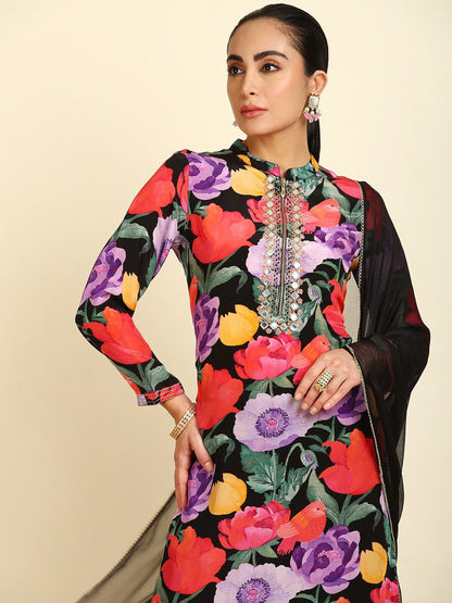 Dhiyona SO Women's Floral Printed Mirror Work Kurta with Trousers & With Dupatta