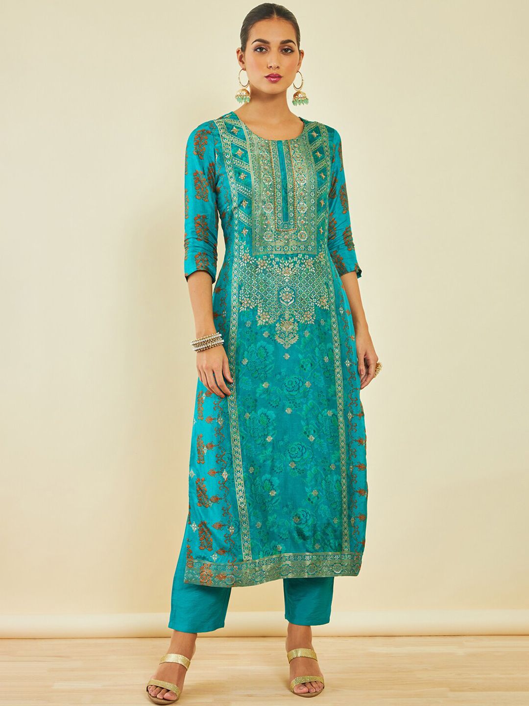 Dhiyona SO Women's Turquoise Blue Floral Printed Regular Beads and Stones Kurta With Trousers & Dupatta