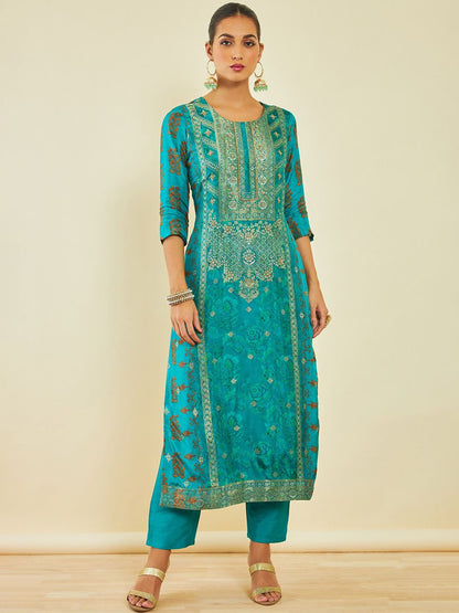 Dhiyona SO Women's Turquoise Blue Floral Printed Regular Beads and Stones Kurta With Trousers & Dupatta