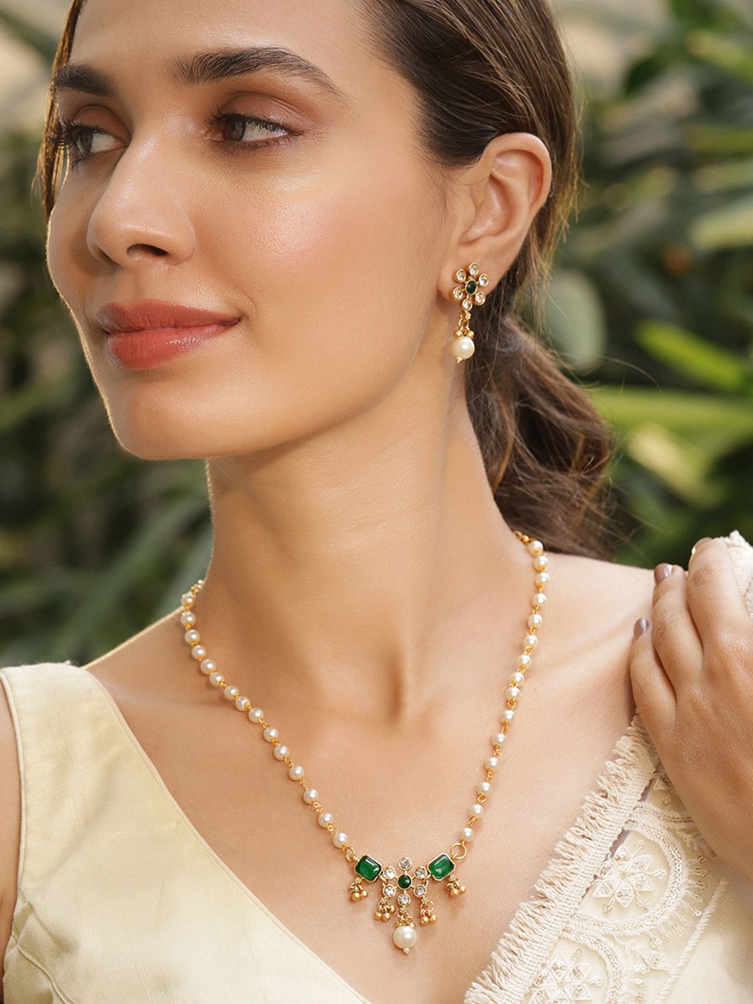 Dhiyona RJ Women's 22K Gold-Plated White Pearl Beaded Necklace Set with Emerald & CZ Studded Pendant