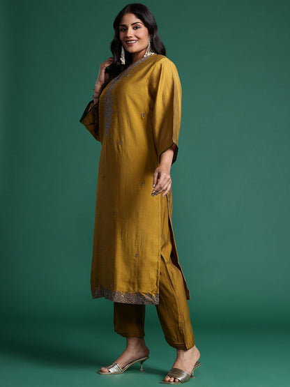 Dhiyona IE Plus Size Ethnic Motifs Embroidered Zari Kurta with Trousers & Dupatta