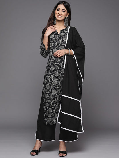 Women Black Floral Printed Kurta with Trousers & With Dupatta