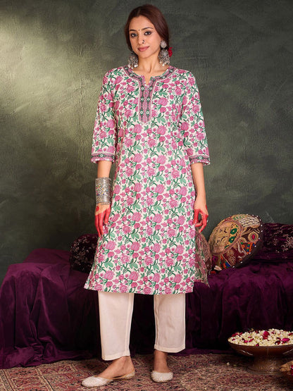 Dhiyona IE Floral Printed Pure Cotton Straight Kurta With Trousers & Dupatta