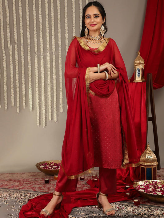 Dhiyona VA Women'sWoven Design Shoulder Straps Zari Detail Straight Kurta & Trousers With Dupatta