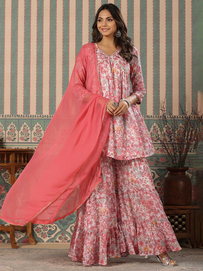 Dhiyona IS Women's Floral Printed V-Neck Gotta Patti Pure Cotton Kurta with Sharara & With Dupatta