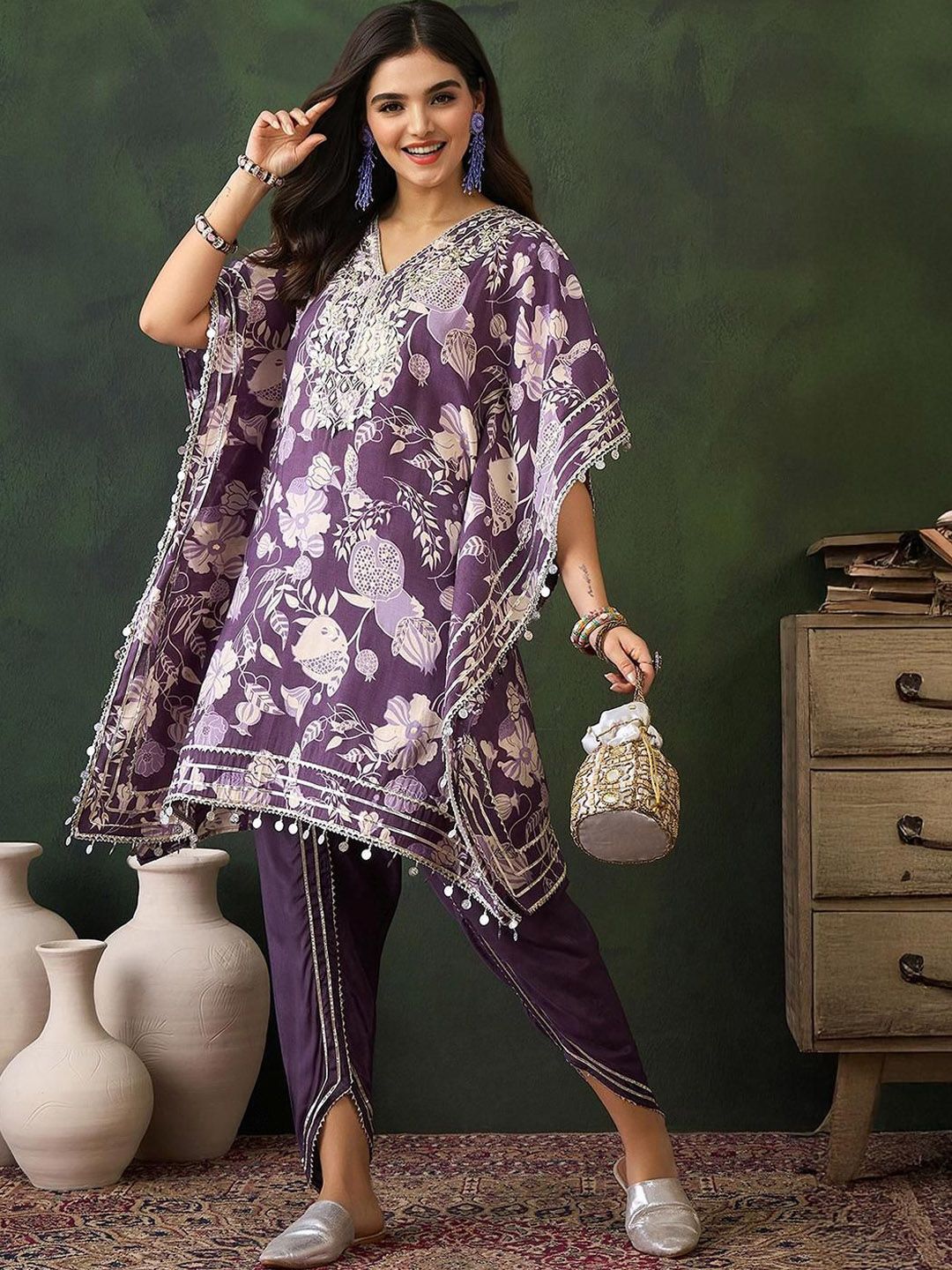 Dhiyona IS Women's Women Printed Kaftan Kurta with Dhoti Pant