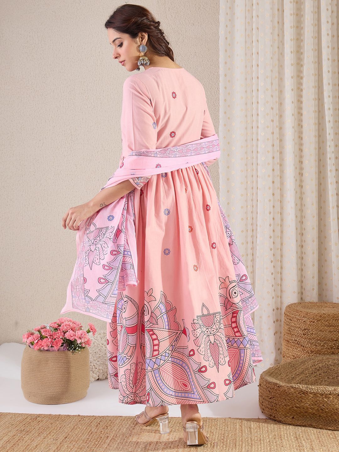 Women Floral Printed Pleated Pure Cotton Kurta with Trousers & With Dupatta