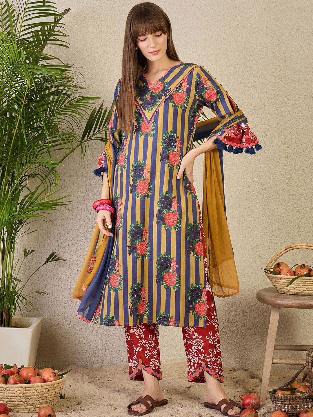 Adults-Women Floral Printed Cotton A-Line Kurta with Trousers & Dupatta