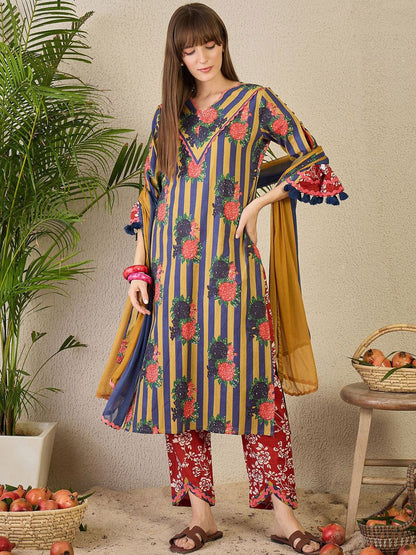 Adults-Women Floral Printed Cotton A-Line Kurta with Trousers & Dupatta