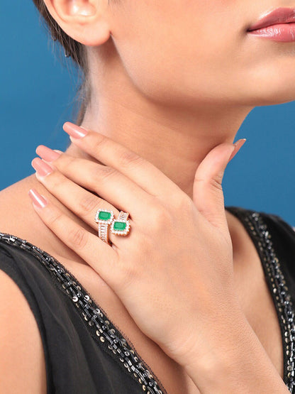 Dhiyona RJ Women's 18K Rose Gold-Plated Emerald Green & Cubic Zirconia Studded Adjustable Finger Ring