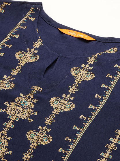 Dhiyona IE Women Blue & Gold-Toned Printed A-Line Kurta