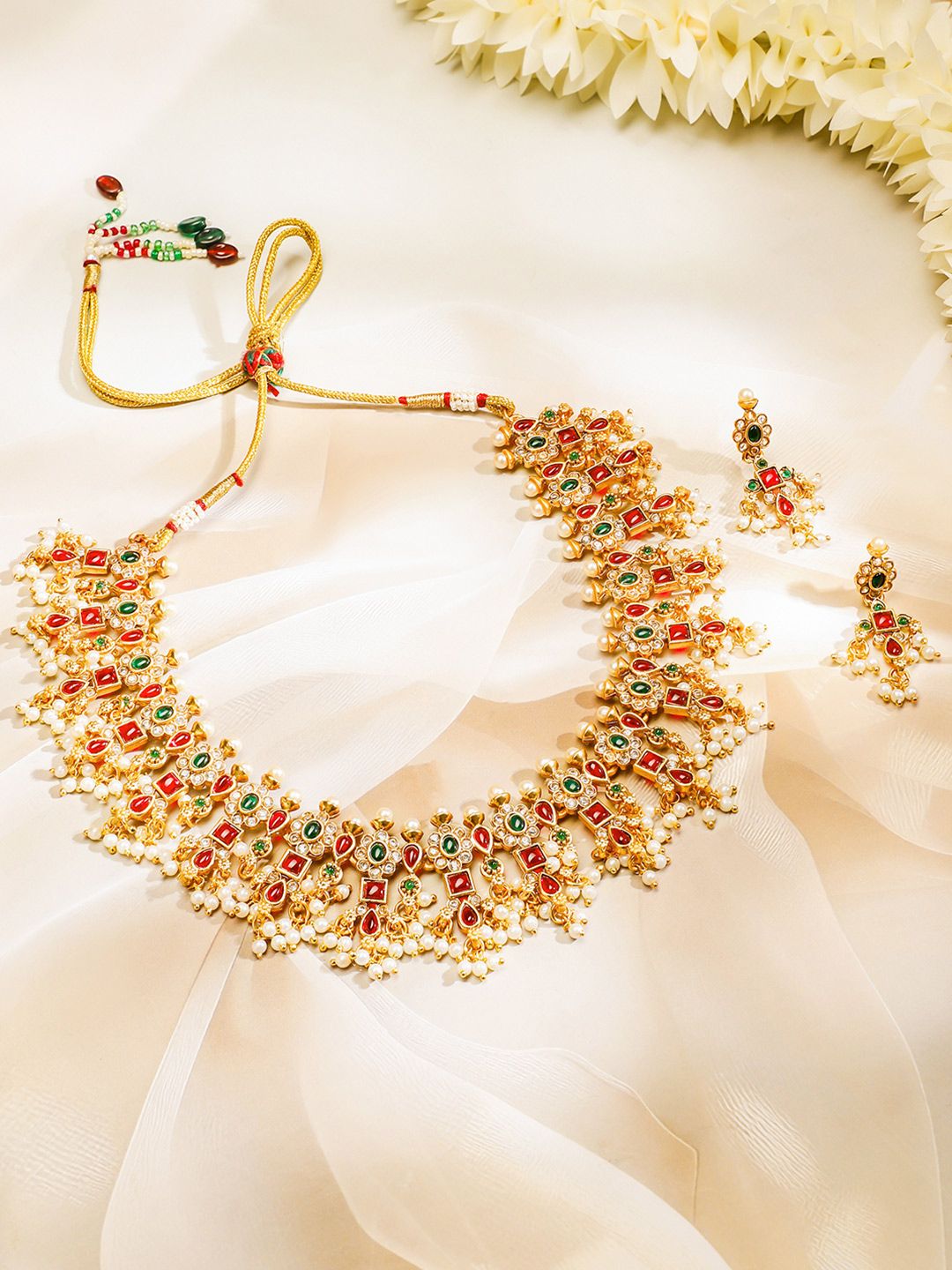 Dhiyona RJ Women's 24K Gold Plated Handcrafted Ruby & Emerald Studded & Pearl Beaded Jewellery Set