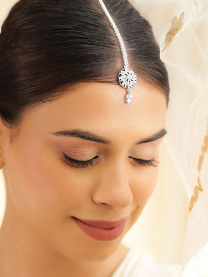 Dhiyona RJ Women's Rhodium-Plated Cubic Zirconia Studded Maang Tikka Head Jewellery