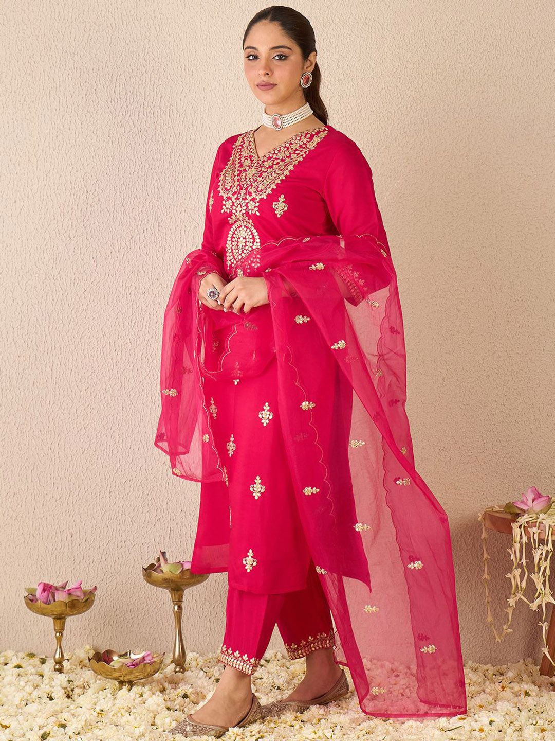 Embroidered Gotta Patti Work V Neck Kurta With Trousers & Dupatta