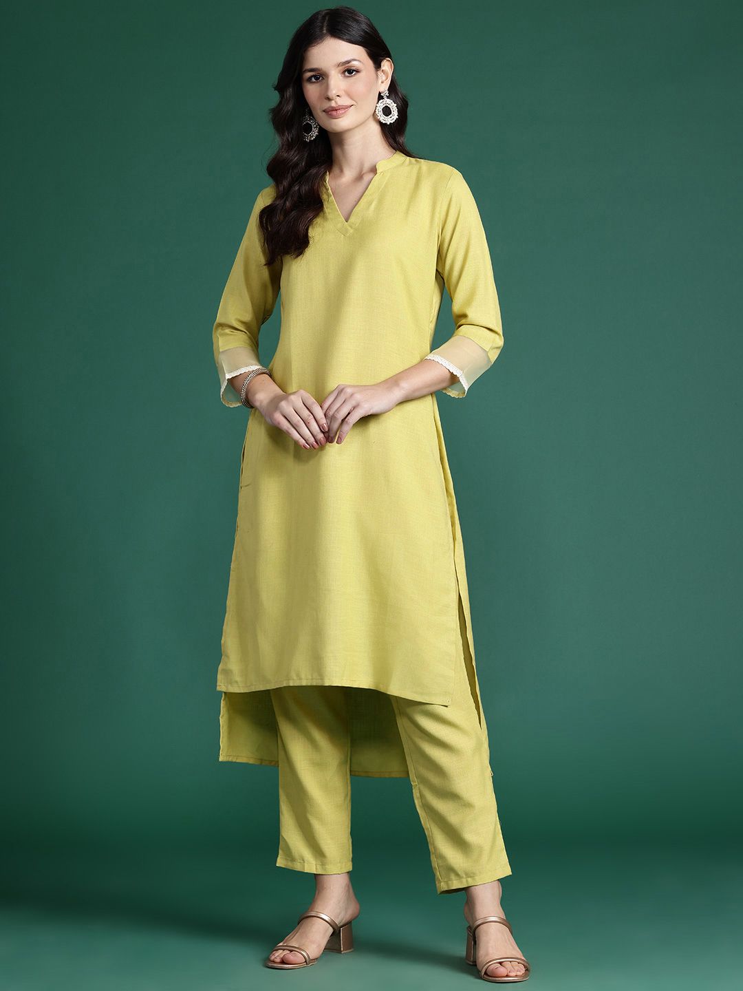 Solid High Low Kurta with Trousers