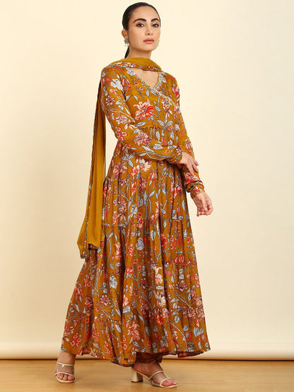 Dhiyona SO Women's Floral Printed Angrakha Mirror Work Anarkali Kurta with Trousers & With Dupatta