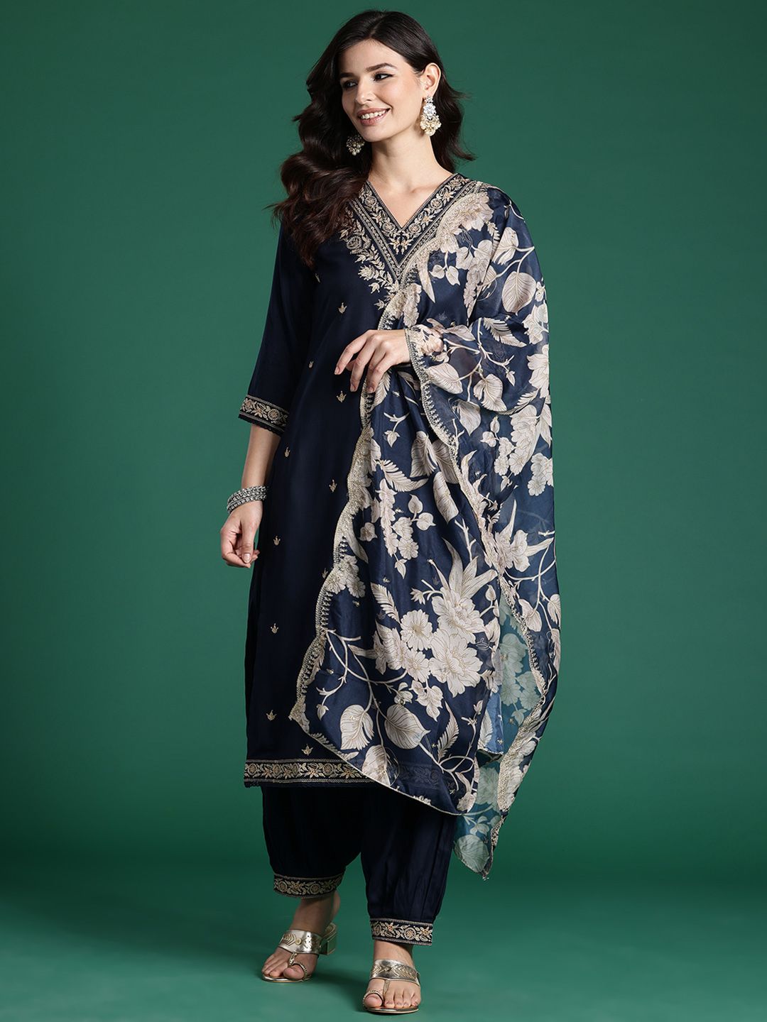 Ethnic Motifs Embroidered Sequinned Kurta with Salwar & With Dupatta
