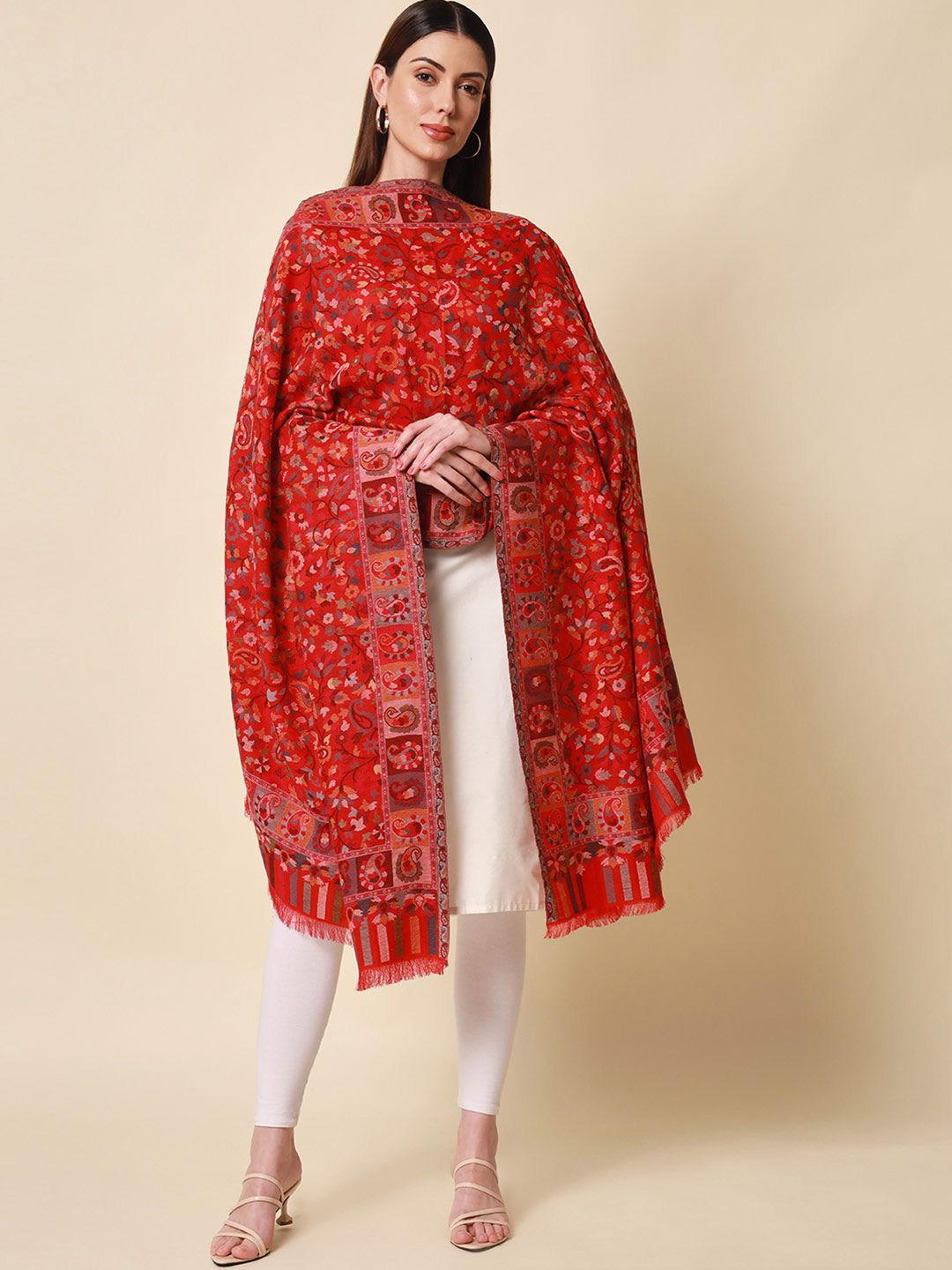 Dhiyona PA Women Red & Grey Woven-Design Kaani Shawl