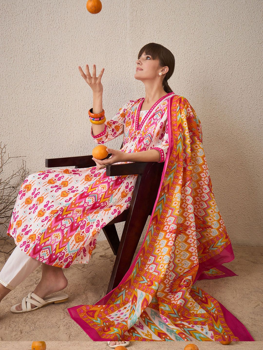 Dhiyona IE Women Printed Panelled Mirror Work Pure Cotton Kurta with Trousers & With Dupatta