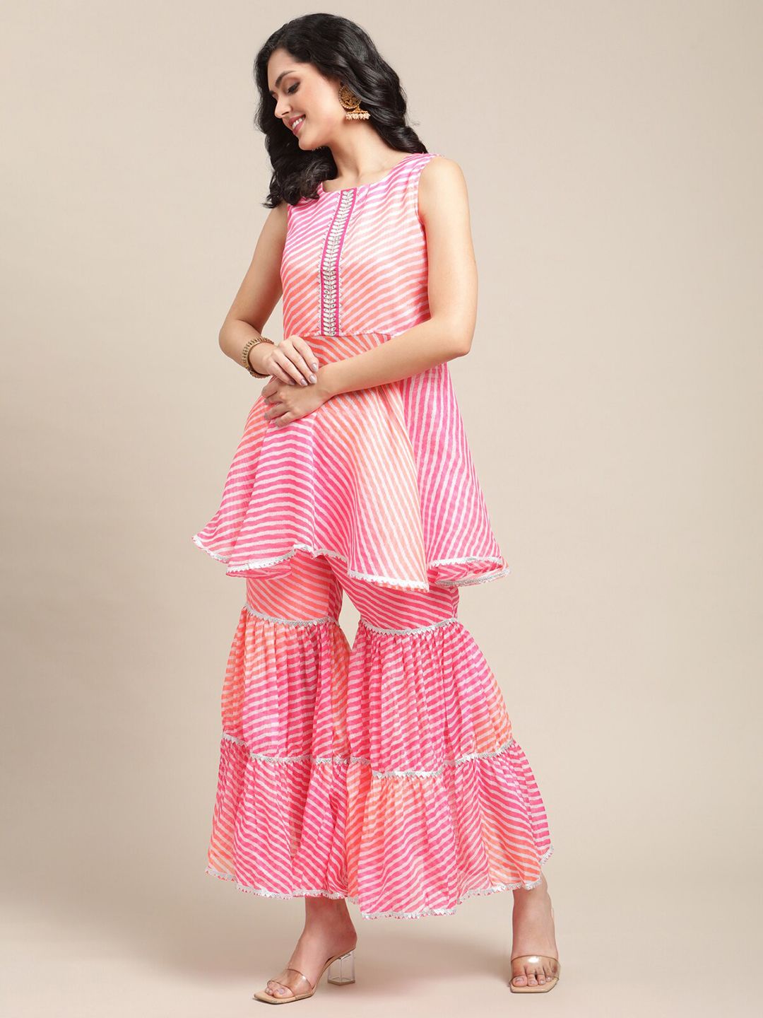 Dhiyona VA Women's Pink Leheriya Printed Empire Kurti with Sharara & Dupatta