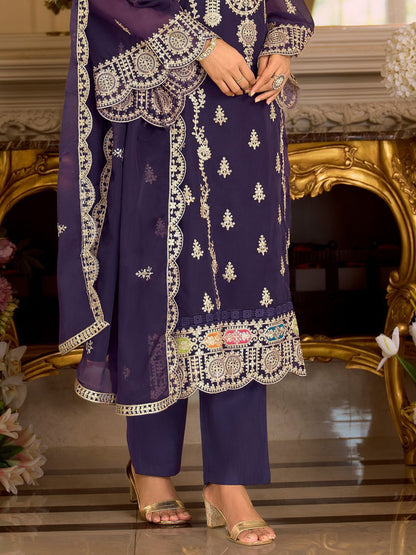 Dhiyona IE Women's Ethnic Motifs Embroidered Zari Organza Straight Kurta & Trousers With Dupatta