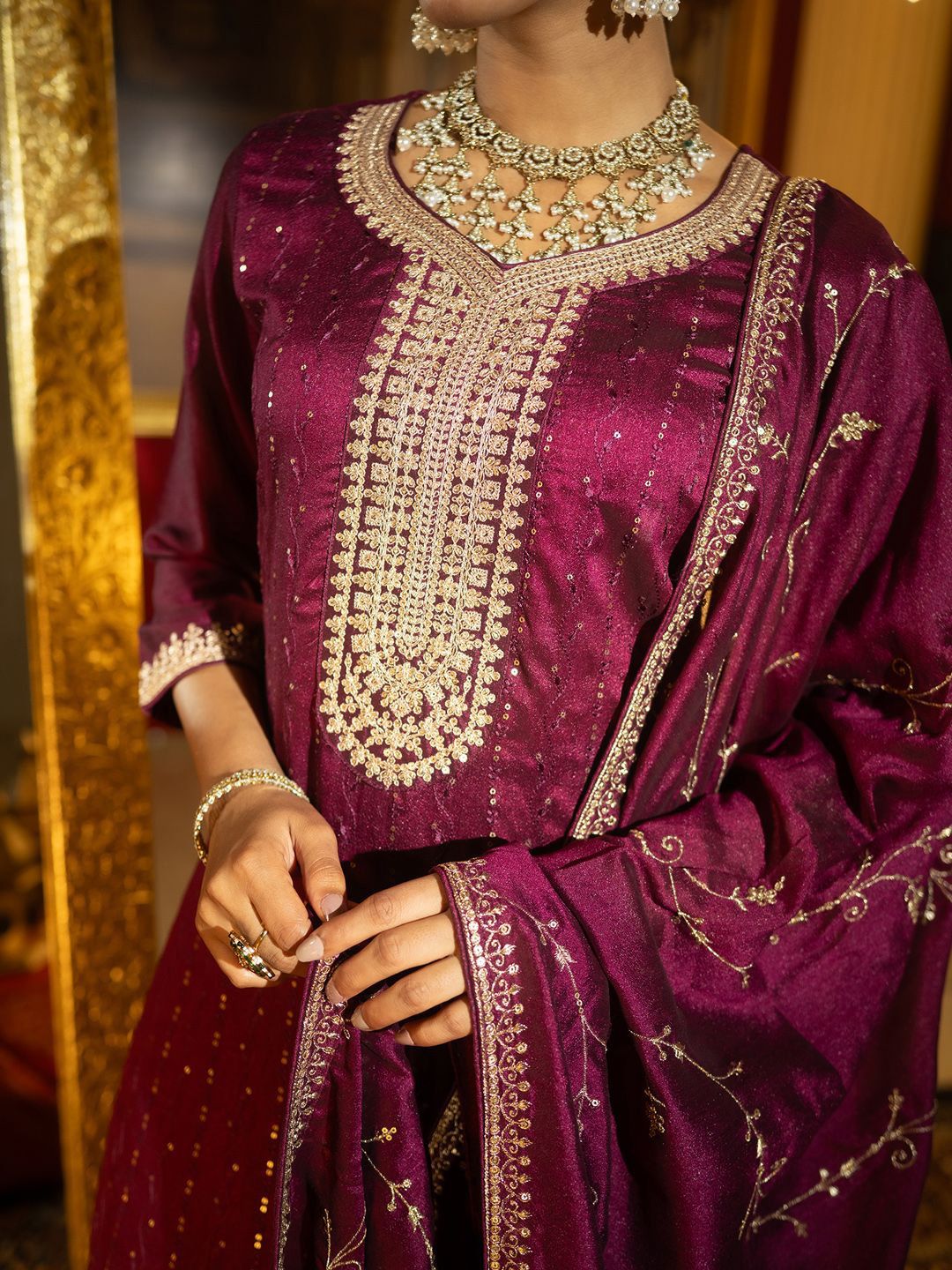 Women Ethnic Motifs Embroidered Regular Sequinned Kurta with Trousers & With Dupatta