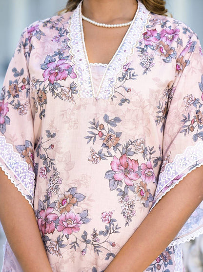 Dhiyona VA Women'sFloral Printed Mirror Work Pure Cotton Straight Kurta with Trousers & Dupatta