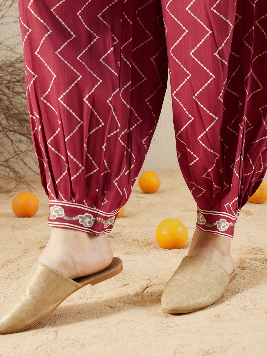 Red Floral Printed Sequinned V-Neck Straight Kurta With Salwar