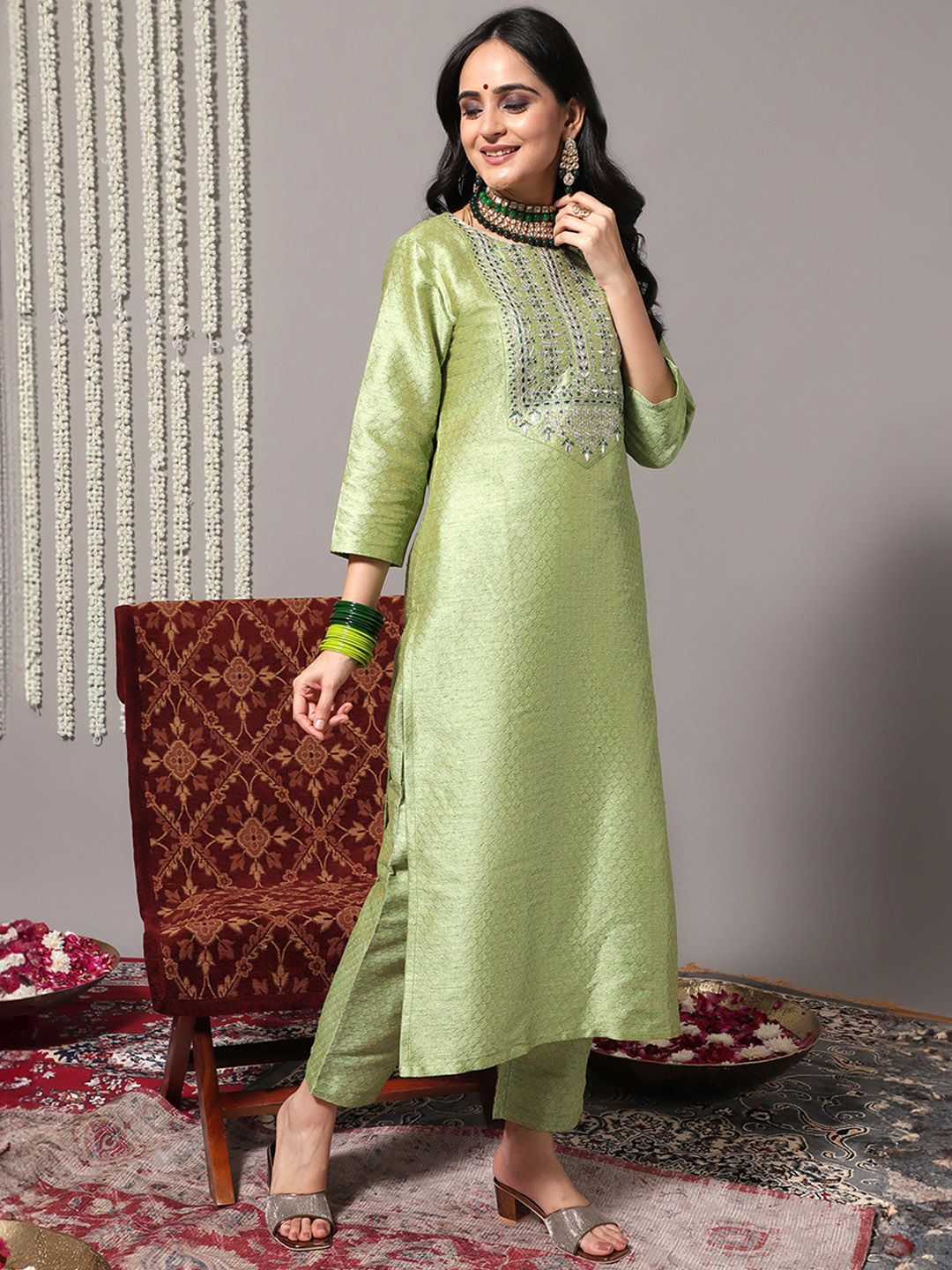 Dhiyona VA Women's Green Ethnic Motifs Gotta Patti Kurta with Trousers & With Dupatta
