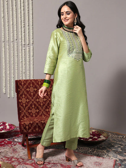 Dhiyona VA Women's Green Ethnic Motifs Gotta Patti Kurta with Trousers & With Dupatta