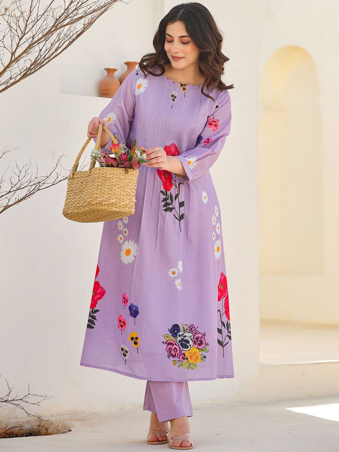 Floral Printed Pure Cotton Kurta With Trousers