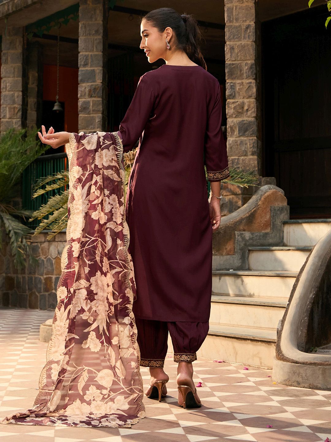 V Neck Ethnic Motifs Embroidered Regular Thread Work Kurta with Salwar & Dupatta