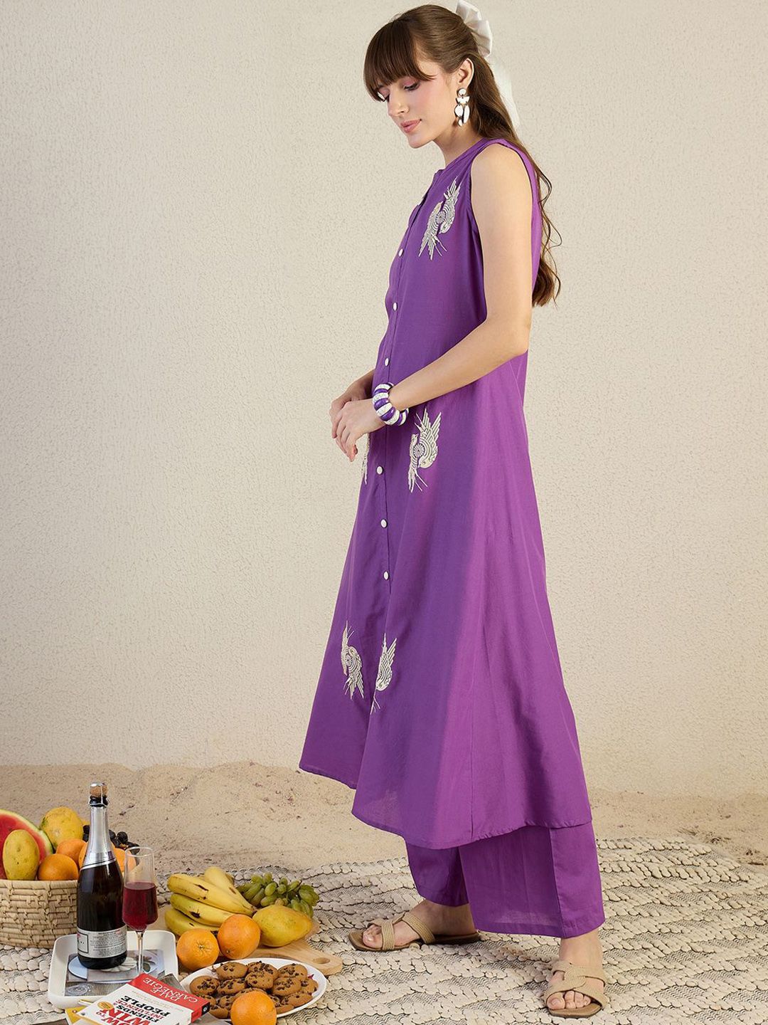 Dhiyona IE Embroidered Mandarin Collar Top With Palazzos Co-Ords