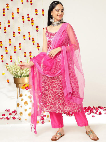 Dhiyona VA Women's Batik Abstract Print Shoulder Straps Straight Kurta With Trousers & Dupatta