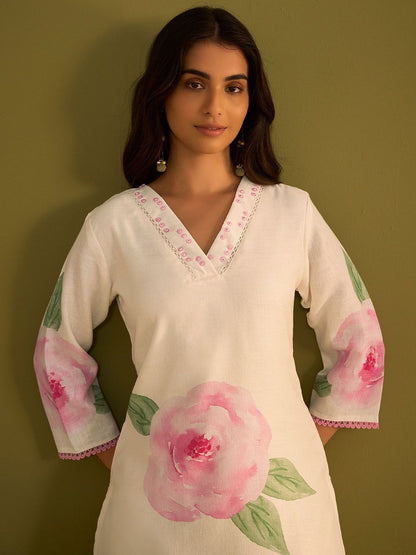 Dhiyona IE Floral Printed V-Neck Straight Sequinned Linen Kurta With Trousers And Dupatta