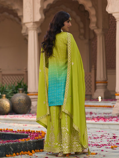 Floral Embroidered Zari Straight Kurti With Palazzos And Dupatta